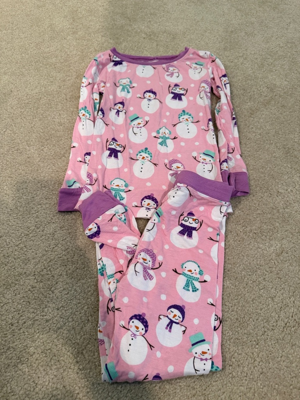 Little Sleepies Pink Snowman Pajama Set with Purple Trim